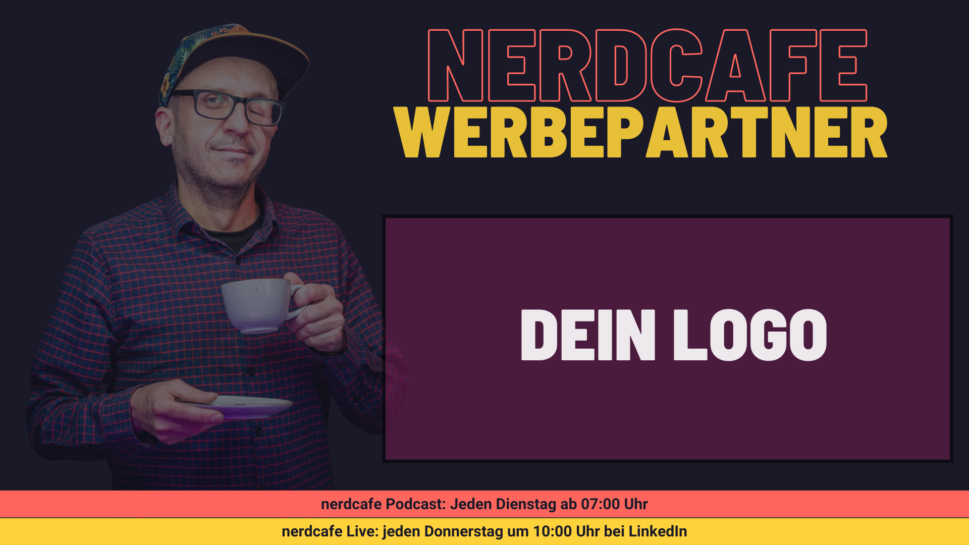 Sharepic "nerdcafe Werbepartner" mit Johannes, der eine Tasse in der Hand hält