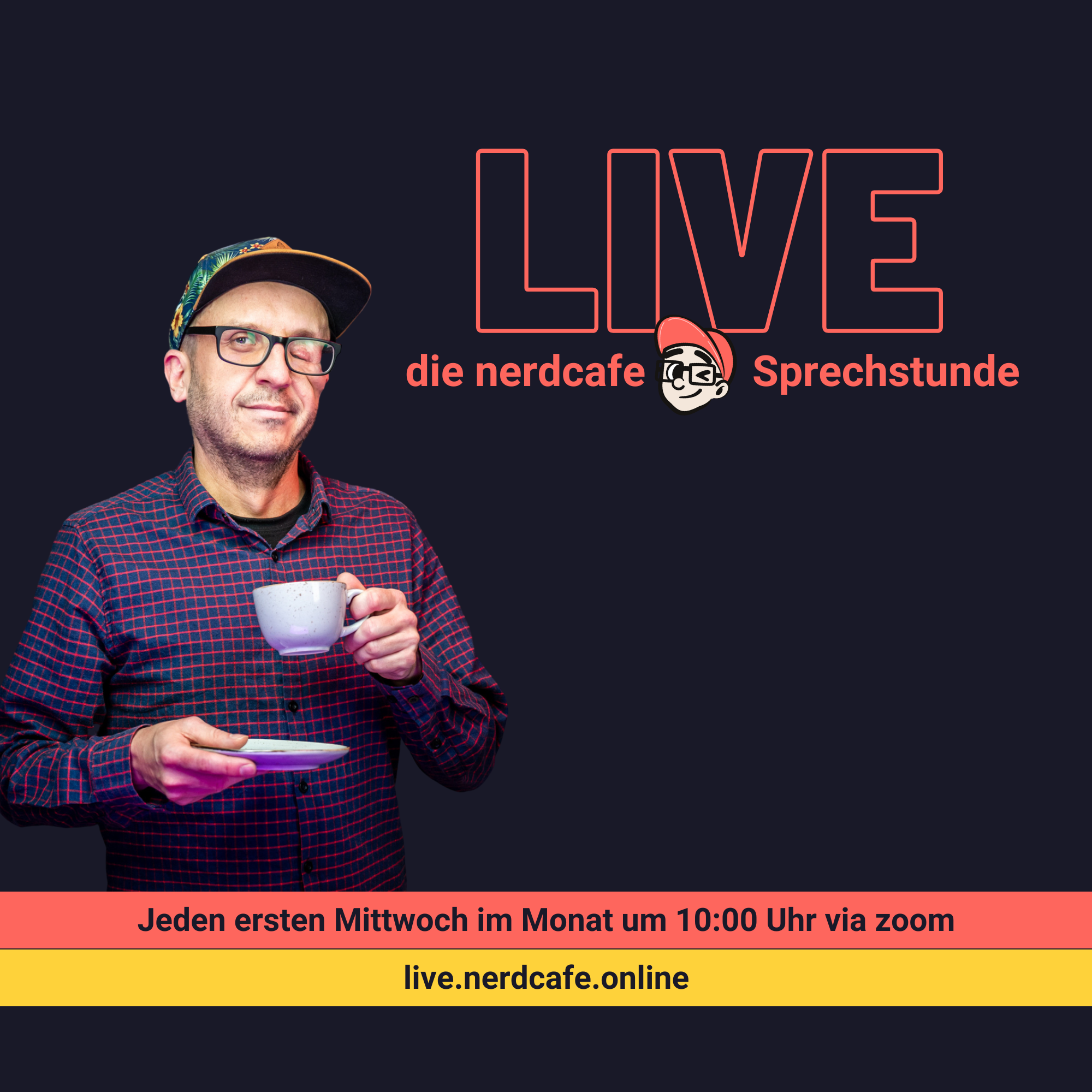 sharepic mit Johannes und der Schrift "LIVE - die nerdcafe Sprechstunde"