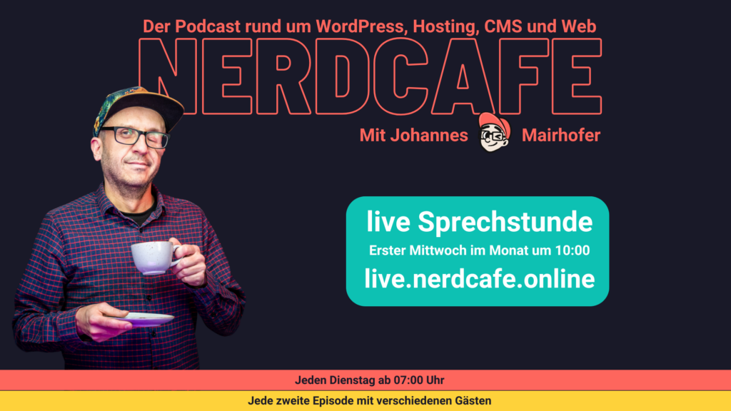 sharepic mit Johannes und der Schrift: "nerdcafe live Sprechstunde - jeden ersten Mittwoch im Monat um 10:00