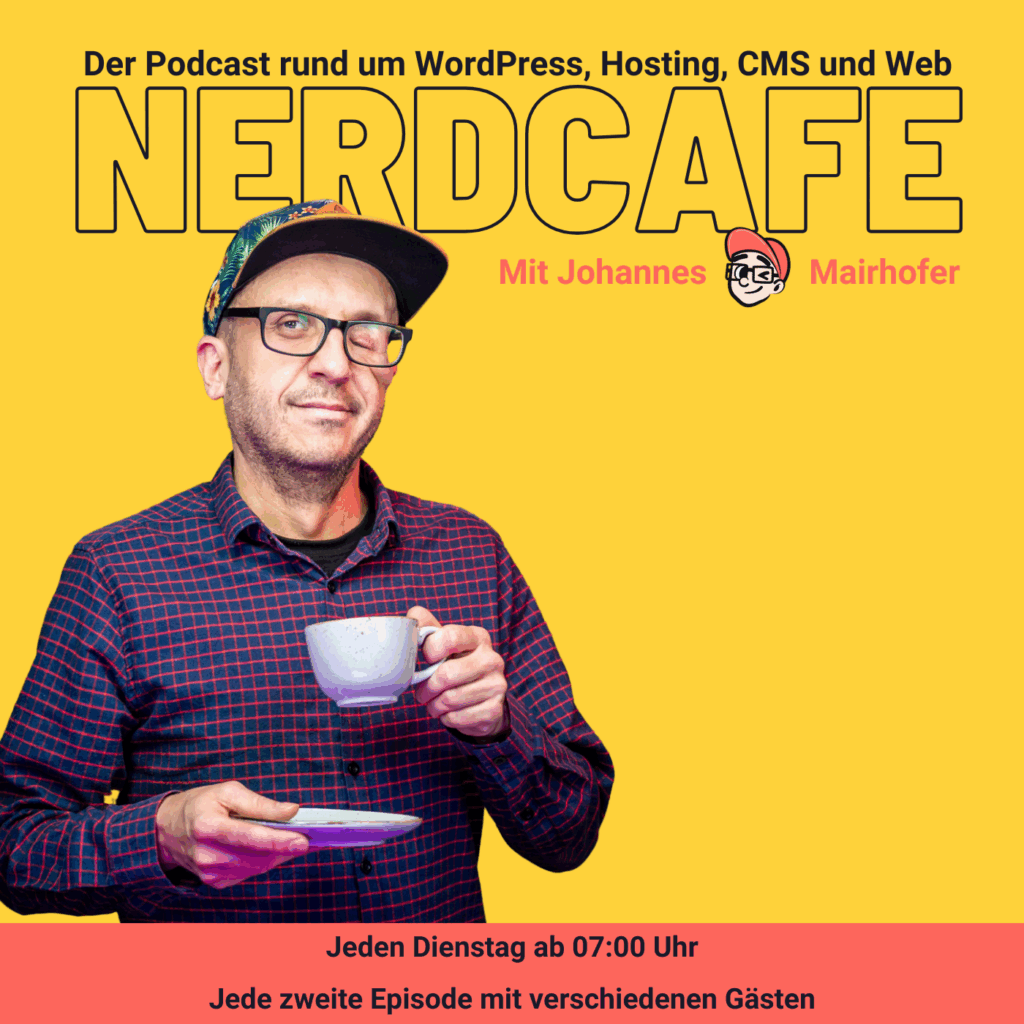 Podcast Cover mit Johannes, der eine Tasse in der Hand hält